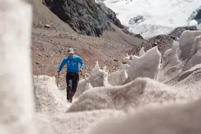 lpinist Karl Egloff navigating a high-altitude glacier at Aconcagua