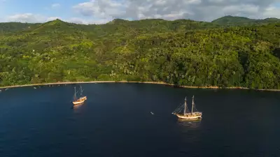 Indonesian phinisi wooden schooners anchored off the jungle-covered Papua coas