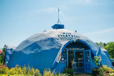 true blue: [near bottom left] Wild Blueberry Land, a blueberry-shaped building in Columbia Falls, serves baked goods alongside a museum on Maine&rsquo;s blueberry industry