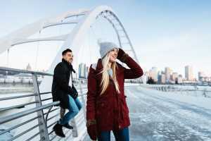 A couple at the Waterdale Bridge in Edmonton