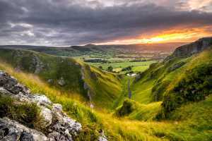 The view at Winnats Pass, Castleton in the Peak District captured at sunrise