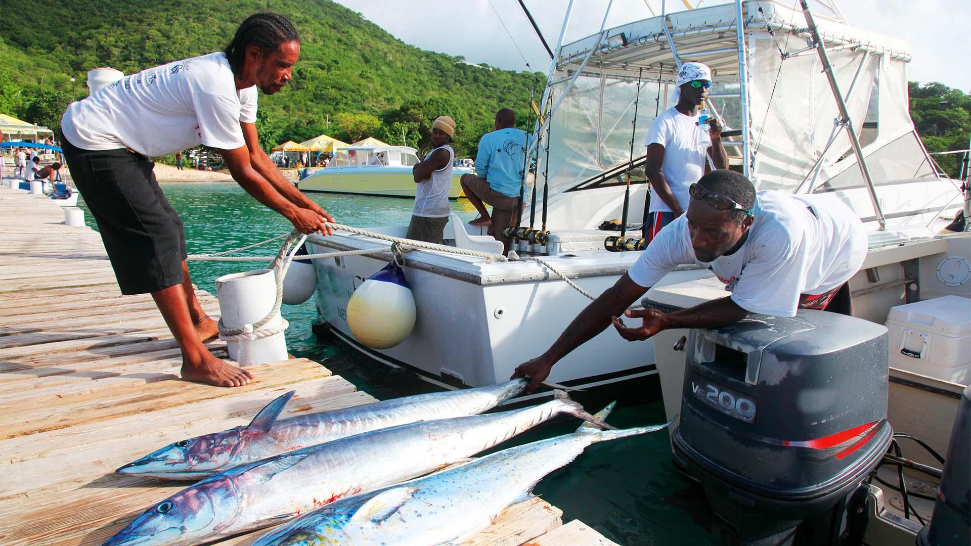 Fishermen at work in boat on Nevis Fishermen at work in boat on Nevis