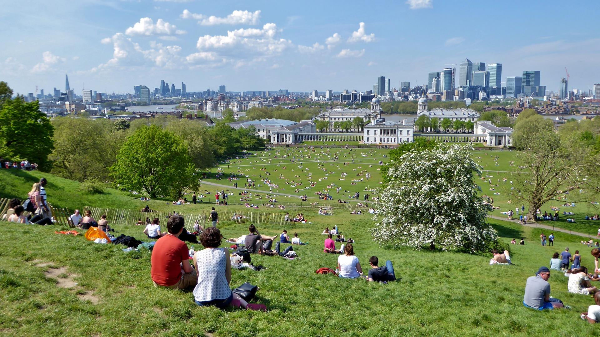 View across Greenwich Park taking in The Shard, the City of London, River Thames, National Maritime Museum, Queen's House, the Old Royal Naval College, and Canary Wharf. Greenwich Park, Greenwich, London View across Greenwich Park taking in The Shard, the City of London, River Thames, National Maritime Museum, Queen's House, the Old Royal Naval College, and Canary Wharf. Greenwich Park, Greenwich, London