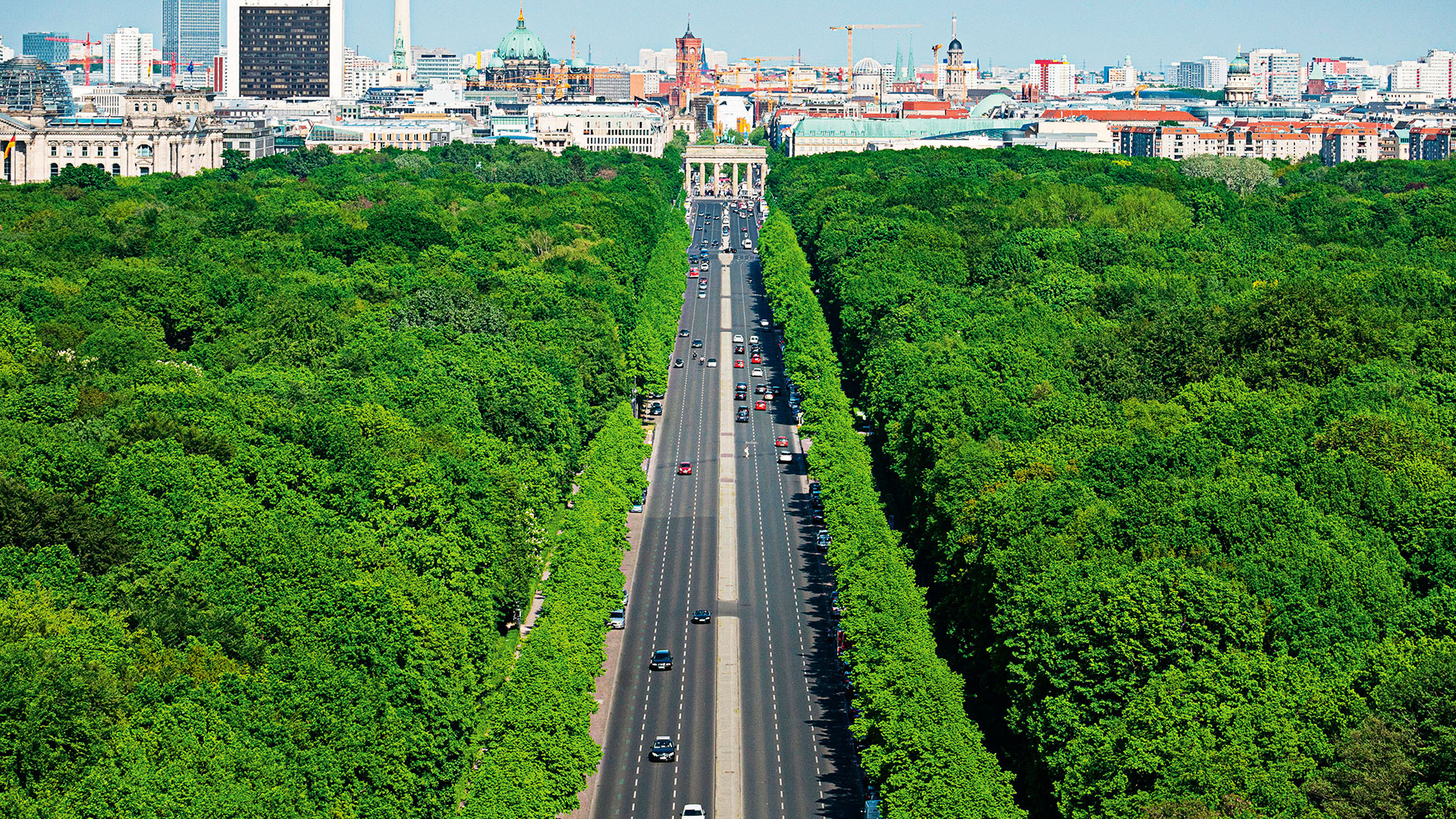 View of the Brandenburg Gate and cityscape from near the Tiergarten