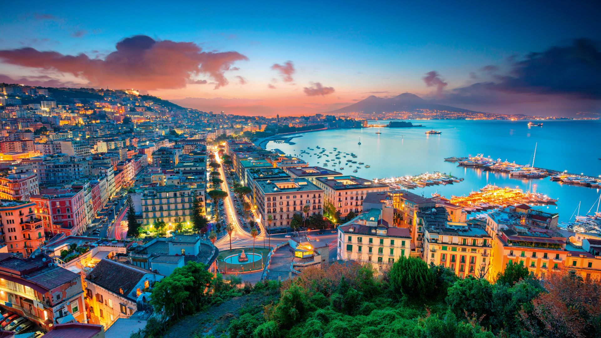 Napoli Night / Naples, Italy. Aerial Night Cityscape With Skyline, Car