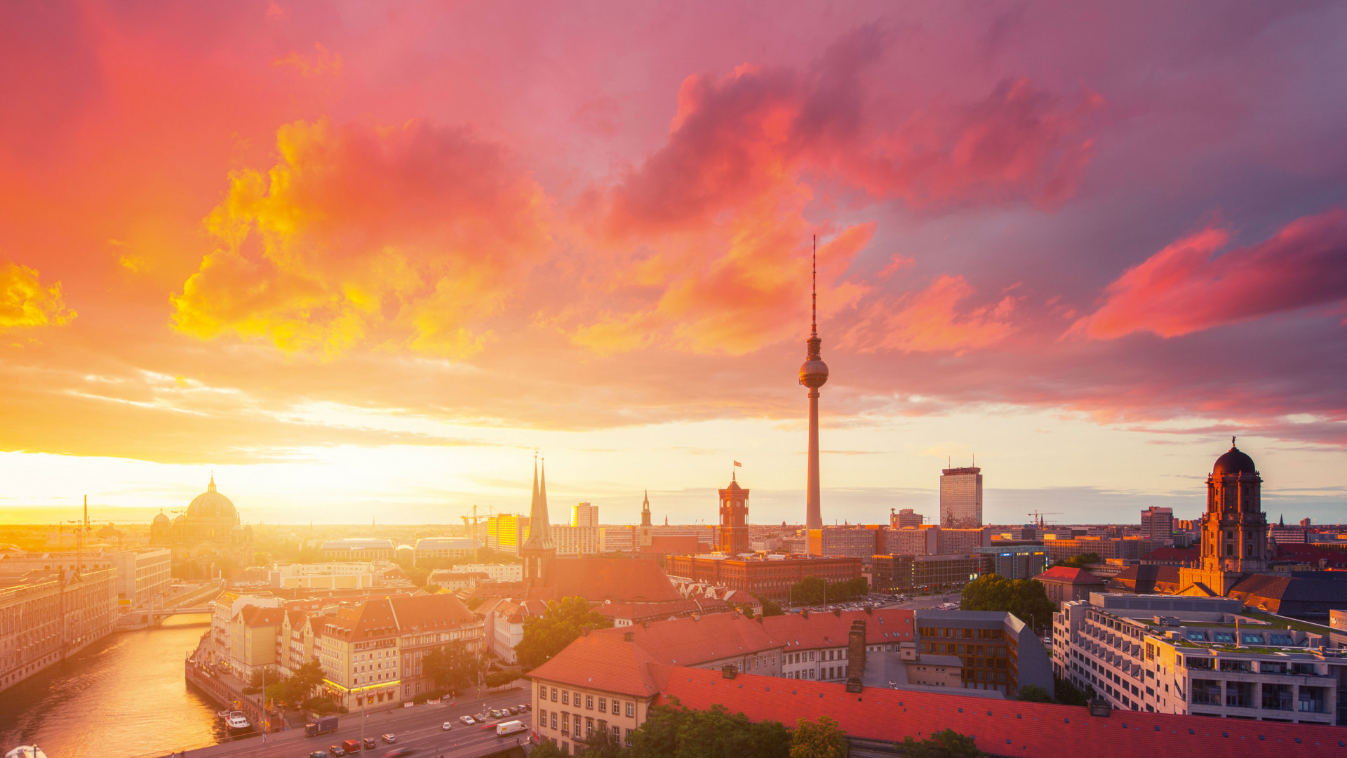View of the Berlin skyline as the sun sets
