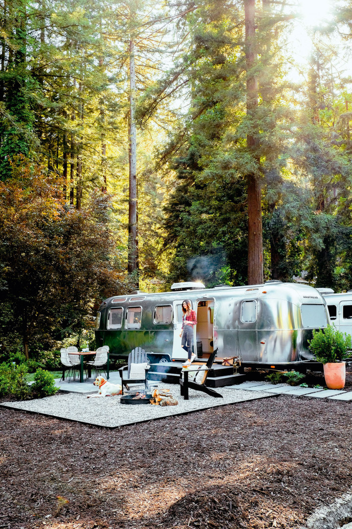 Camper van in the Californian redwoods Camper van in the Californian redwoods