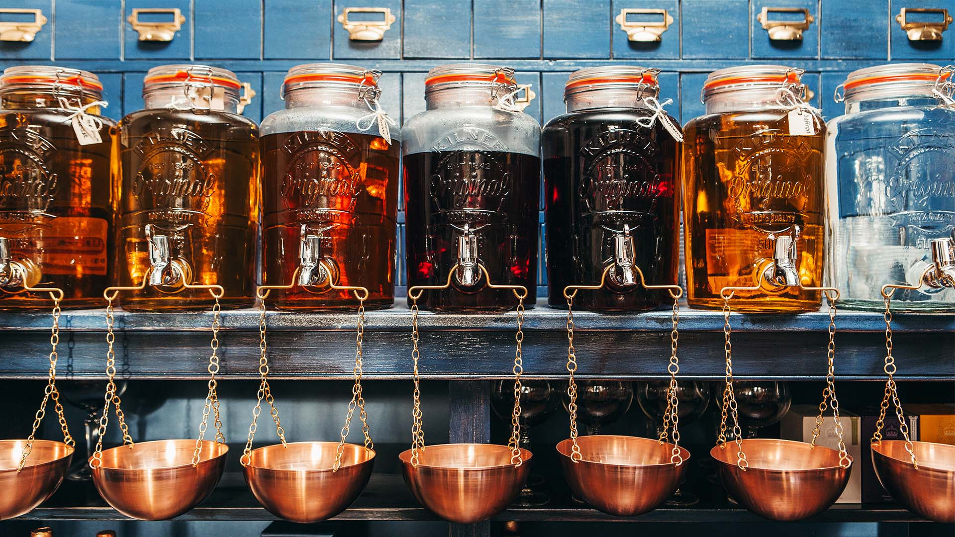 Gin infusions in kilner jars, Slingsby, Harrogate Gin infusions in kilner jars, Slingsby, Harrogate