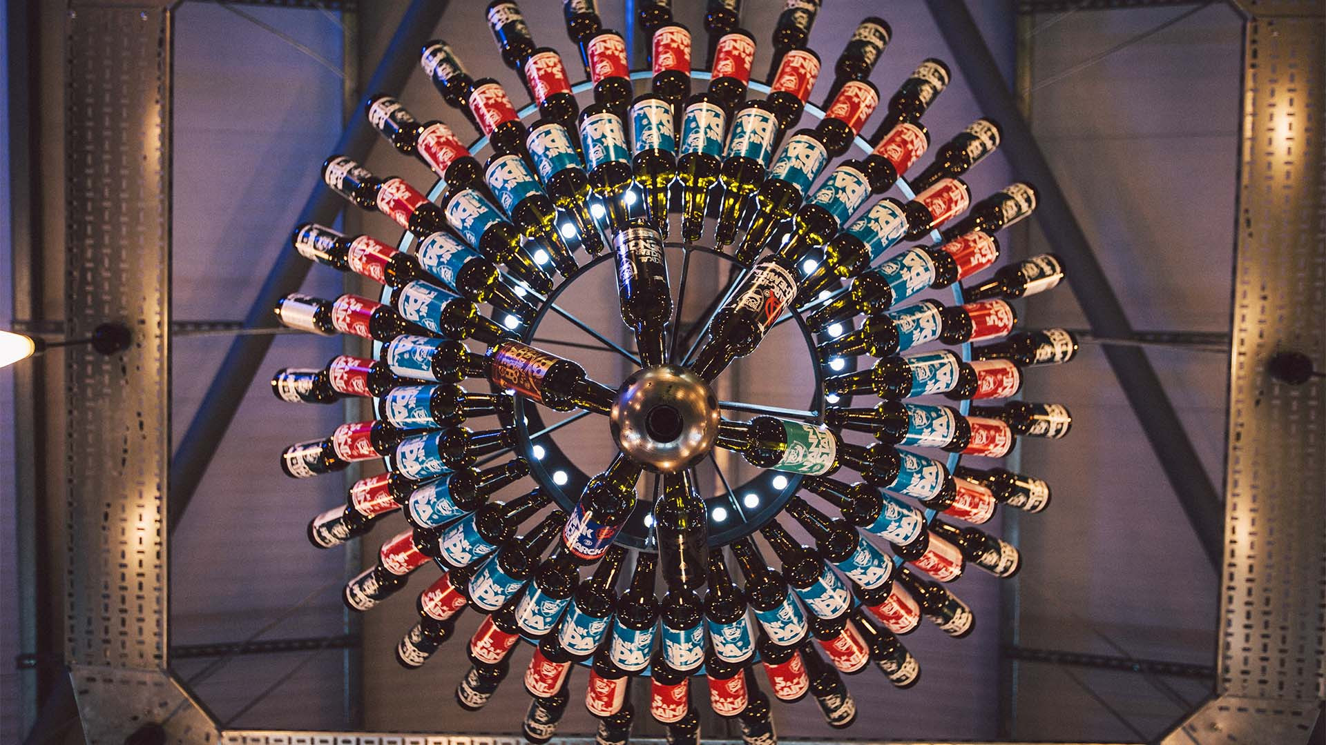 Beer chandelier at BrewDog brewery, Aberdeenshire, Scotland Beer chandelier at BrewDog brewery, Aberdeenshire, Scotland