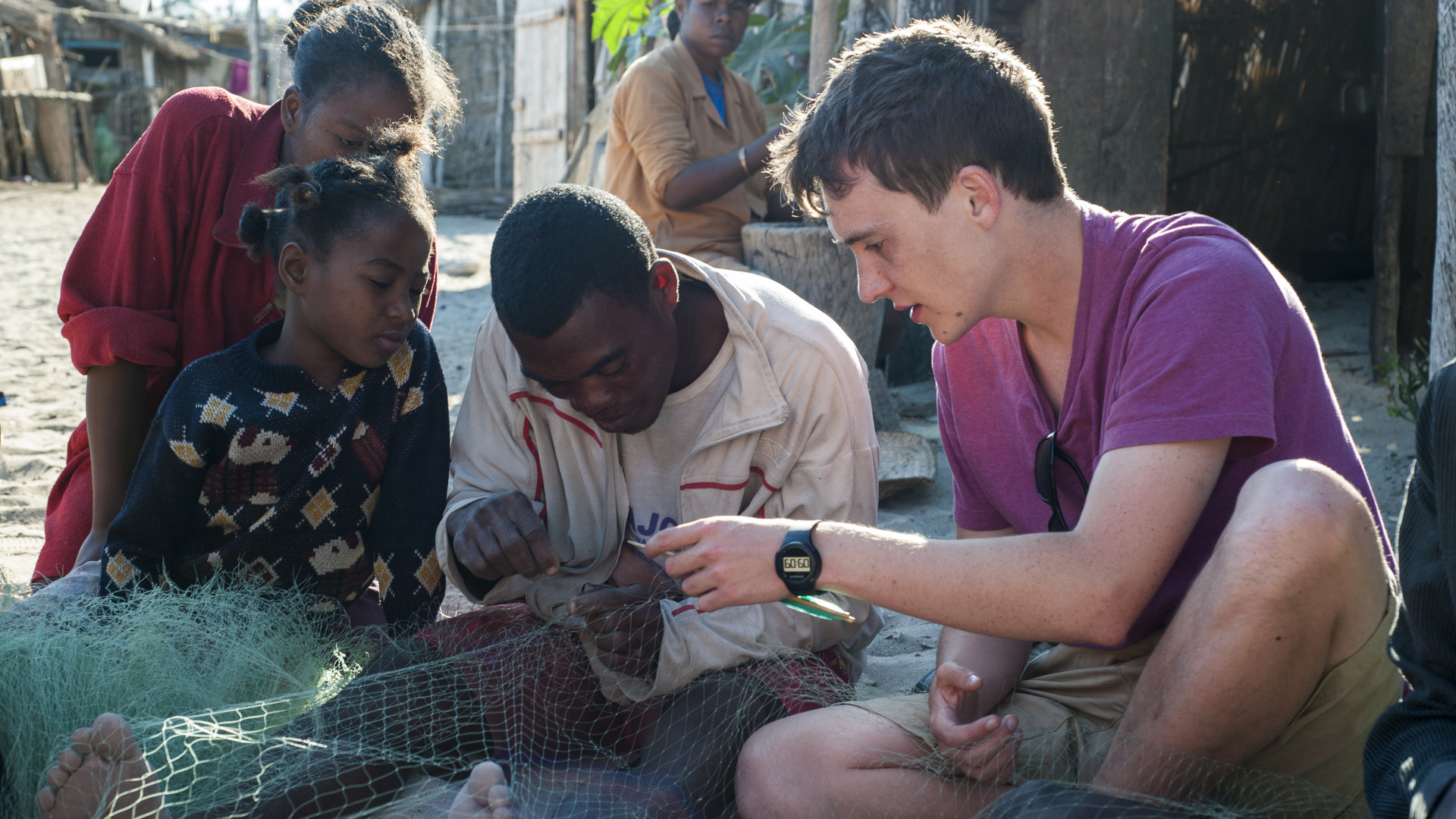 Working on fishing nets with Madagascan locals