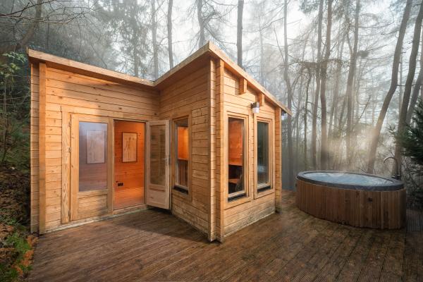 Compact kettlebell gym, sauna, yoga deck and hot tub, Usonia