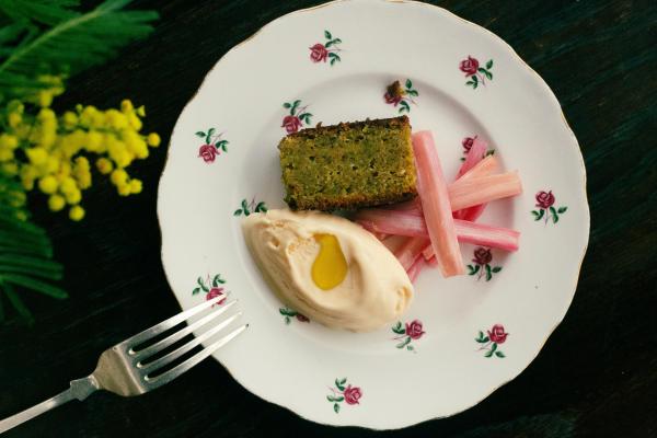 Pistachio cake and rhubarb