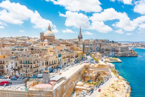 Aerial view of Lady of Mount Carmel church, St.Paul's Cathedral in Valletta embankment city center, Malta