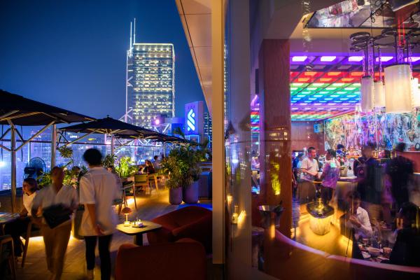 A rooftop bar at night