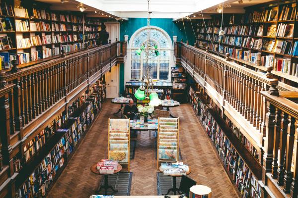 Shelves of books at Daunt Books in London