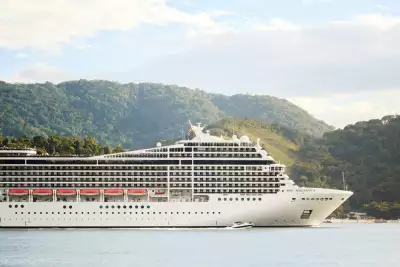 Cruise ship in front of an island