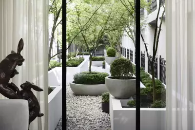 The interior courtyard at The Lyall Hotel, with a rabbit sculpture in the lobby