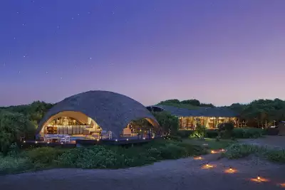 The open-air bar at Uga Chena Huts sits in front of a starry sky at dusk in Yala National Park &ndash; its thatched roof inspired by the treetop huts used by local farmers in the region
