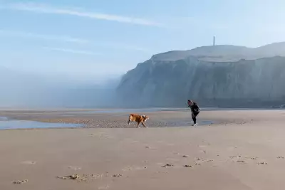 Richards and her dog Mimolette play together in front of Cap Blanc-Nez
