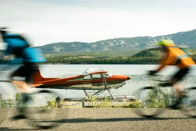 We ride beyond Miles Canyon, where floatplanes lift from polished reaches of water