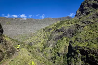 A hiker on Cirque de Mafate on R&eacute;union Island