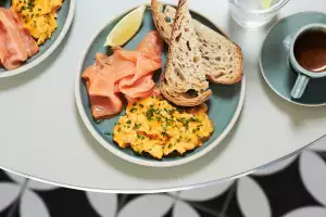 Scrambled eggs, smoked salmon and sourdough
