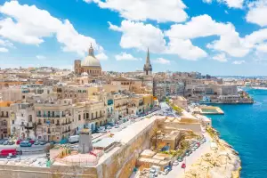 Aerial view of Lady of Mount Carmel church, St.Paul's Cathedral in Valletta embankment city center, Malta Aerial view of Lady of Mount Carmel church, St.Paul's Cathedral in Valletta embankment city center, Malta