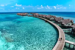 An aerial shot of the overwater villas An aerial shot of the overwater villas