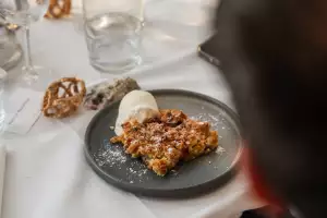 Rhubarb crumble at Restaurant Bryggvingen