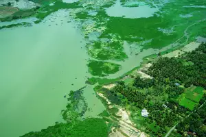 A verdant landscape of lakes and palm trees as seen from a nine- seater seaplane flying from Hatton to Yala National Park