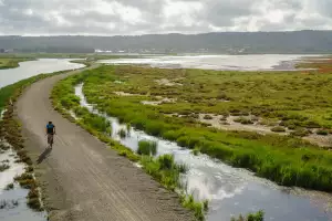 Pedalling on a gravel path through salt marshes in Vejer de la Frontera Pedalling on a gravel path through salt marshes in Vejer de la Frontera
