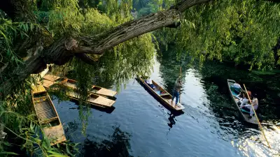 A couple punt on the river in Oxford