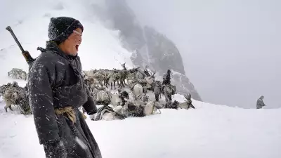 Boy shouting while taking reindeer out Kosgholgonduk Pass, Mongolia