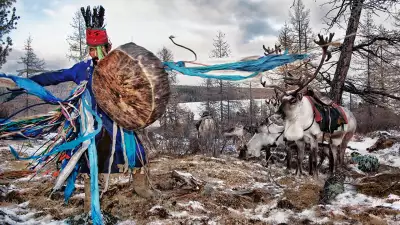 A dancing tribesman on the Mongolian steppe