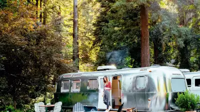 Camper van in the Californian redwoods