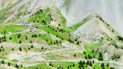 Huge mountainside pass in France, a popular location for cyclists