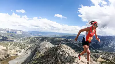 Runner at the top of Run the Rut race in Montana, US