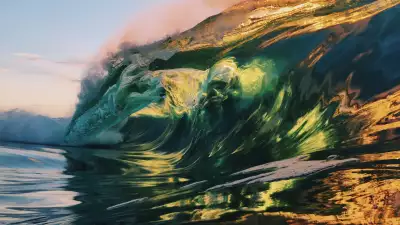 Light glowing through a breaking wave in the ocean