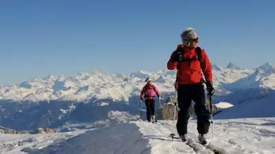 Ski mountain climbers, Les Diableretes, skiing area Glacier 3000, Gstaad, West Alps, Bernese upper country, Switzerland, Europe