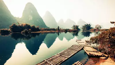Karst bamboo boat on a river, Yangshuo