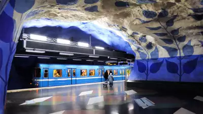 Painted vines climbing the walls and ceiling of T-Centralen metro station, Stockholm