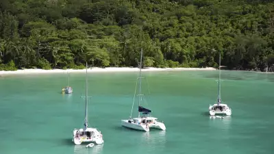 Catamarans in a bay in Seychelles