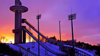 Sunset against the Alpensia Ski Jump Centre in South Korea