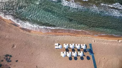 Drone photo of Mykonos Bay Ceach in Greece