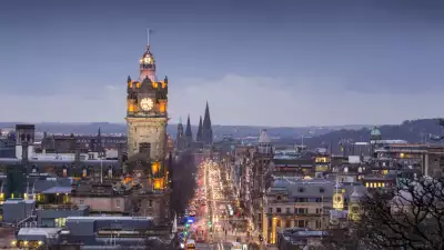 The Balmoral Hotel clock tower and Princes Street seen from Calton Hill, Edinburgh