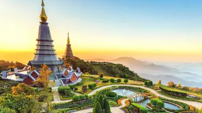 Temple surrounded by mountains in Thailand