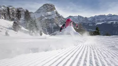 Skiing corduroy in The Dolomites