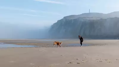 Richards and her dog Mimolette play together in front of Cap Blanc-Nez