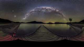 Photograph of Milky Way stars at night, over lake in New Zealand