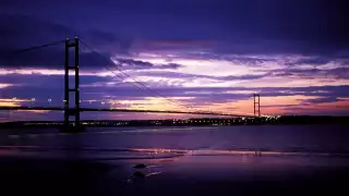 A photograph of Humber Bridge in Hull, at dusk.